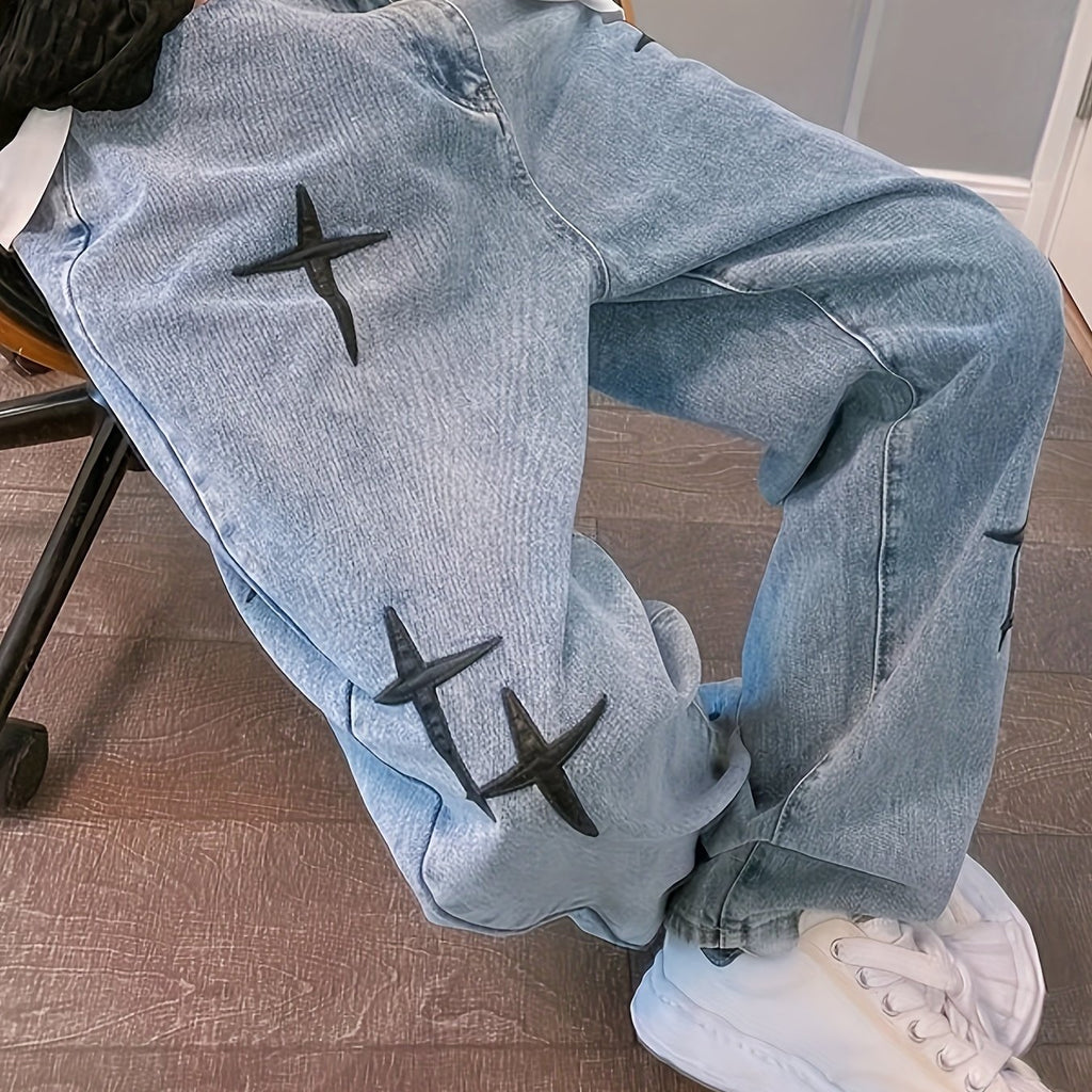 Vaqueros Anchos con Cruces – Estilo Streetwear Azul Lavado