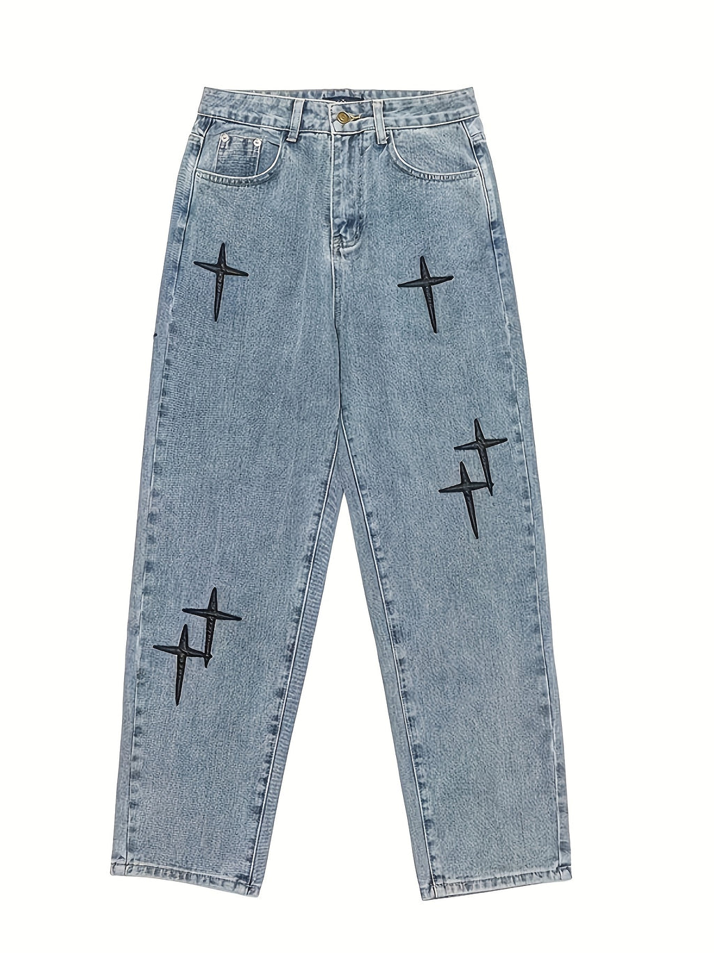 Vaqueros Anchos con Cruces – Estilo Streetwear Azul Lavado