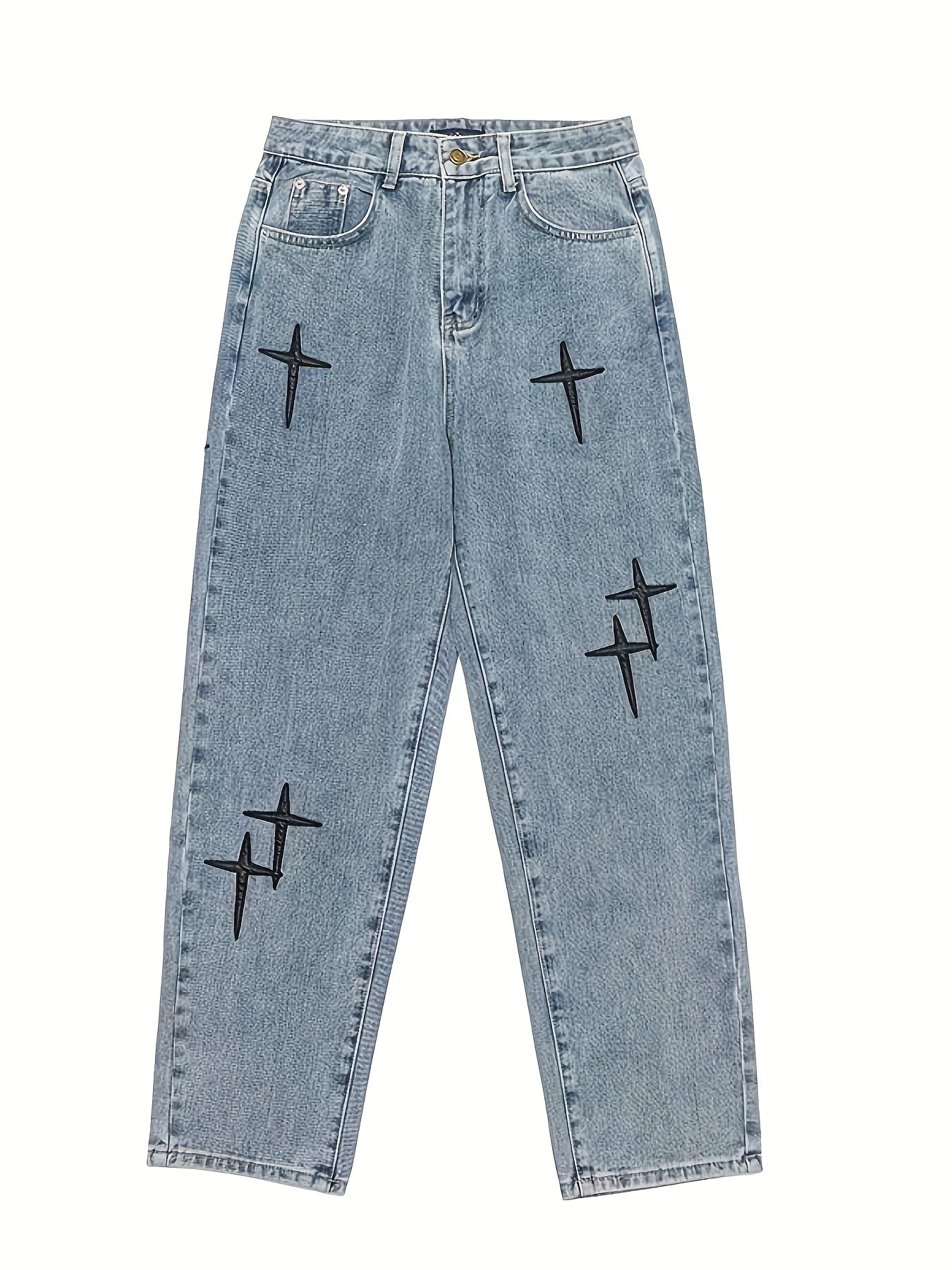 Vaqueros Anchos con Cruces – Estilo Streetwear Azul Lavado