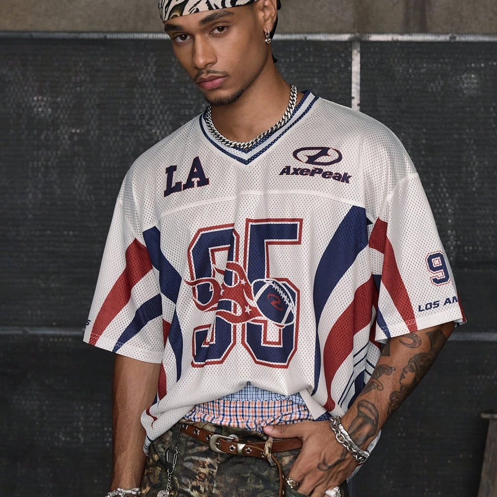 Camiseta Casual de Cuello en V – Hombre, Rayas Blancas y Azules