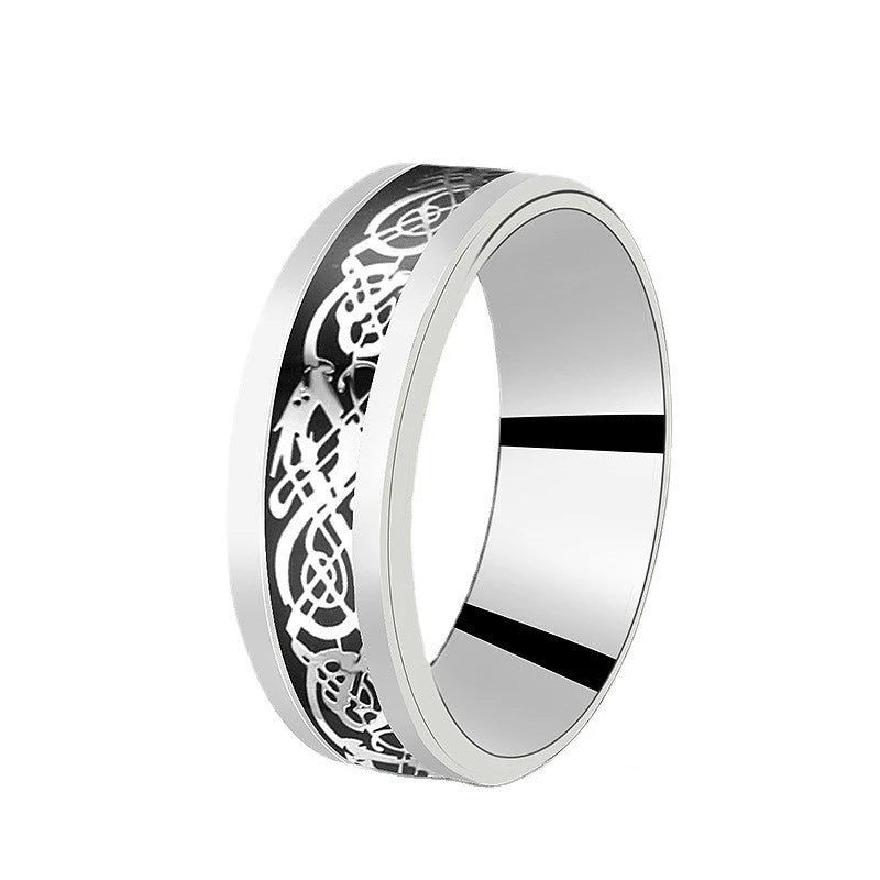 8mm Stainless Steel Domineering Dragon Pattern Rings for Men Women Punk Inlaid Blue Carbon Fibre Ring bagues pour femme