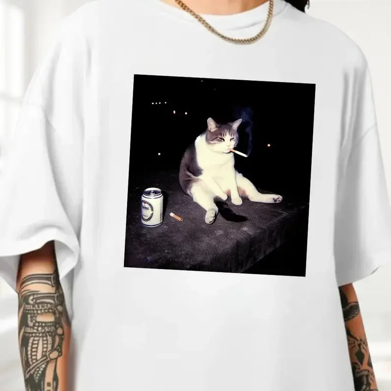 2025 Funny Smoking Cat Meme Crewneck T-shirt Washed Trendy Tee Women Hip Hop Print Top Streetwear Casual Women Clothes