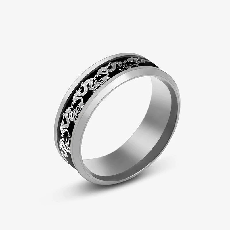 8mm Stainless Steel Domineering Dragon Pattern Rings for Men Women Punk Inlaid Blue Carbon Fibre Ring bagues pour femme