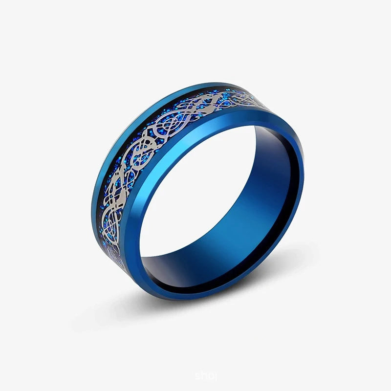 8mm Stainless Steel Domineering Dragon Pattern Rings for Men Women Punk Inlaid Blue Carbon Fibre Ring bagues pour femme