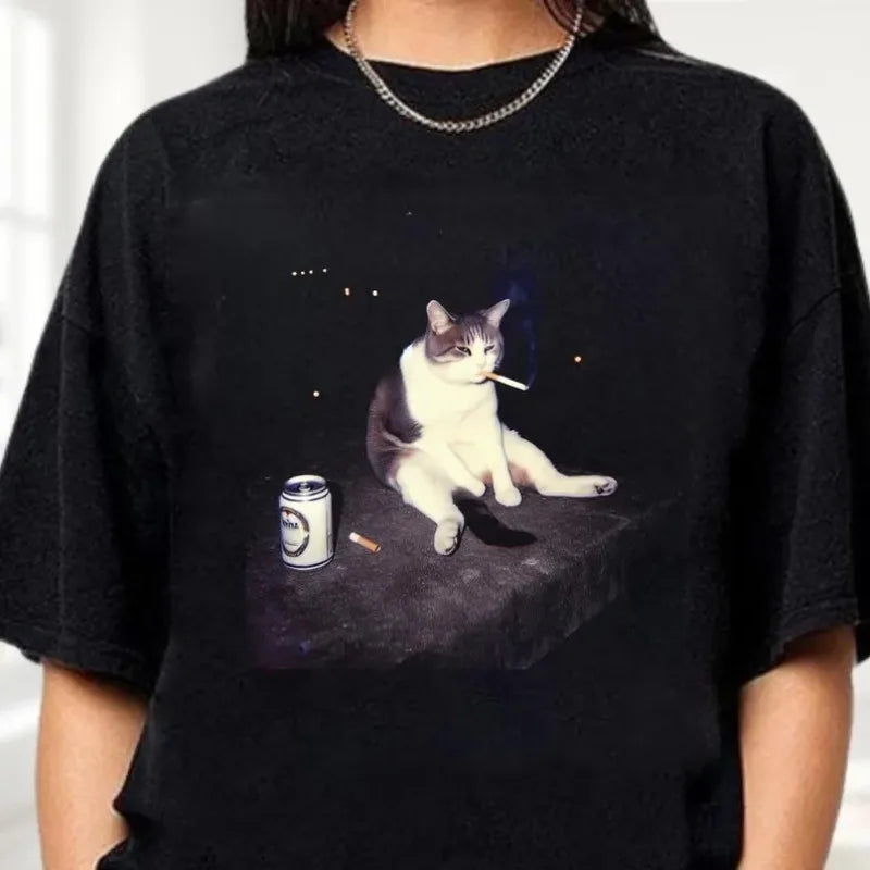 2025 Funny Smoking Cat Meme Crewneck T-shirt Washed Trendy Tee Women Hip Hop Print Top Streetwear Casual Women Clothes