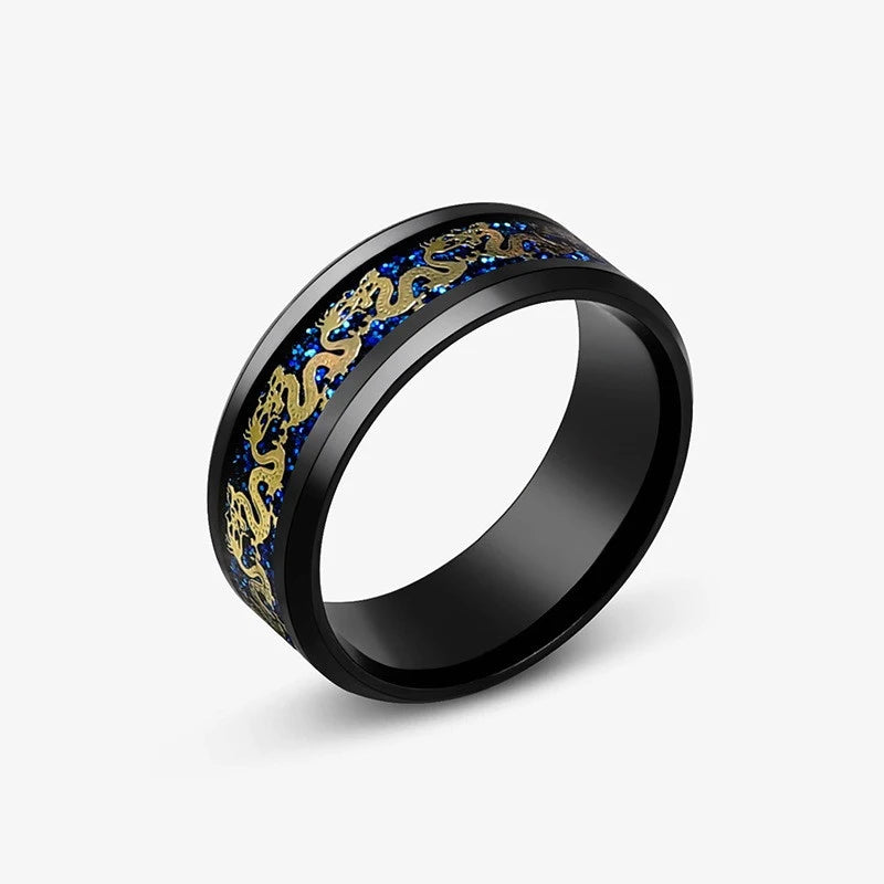 8mm Stainless Steel Domineering Dragon Pattern Rings for Men Women Punk Inlaid Blue Carbon Fibre Ring bagues pour femme