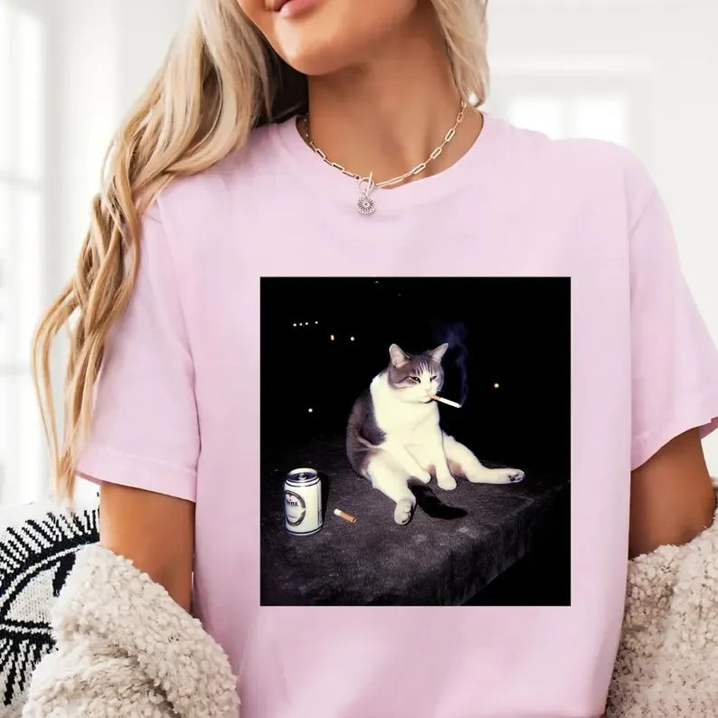 2025 Funny Smoking Cat Meme Crewneck T-shirt Washed Trendy Tee Women Hip Hop Print Top Streetwear Casual Women Clothes
