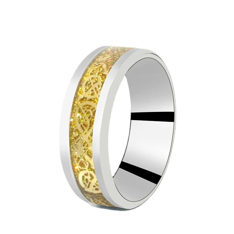 8mm Stainless Steel Domineering Dragon Pattern Rings for Men Women Punk Inlaid Blue Carbon Fibre Ring bagues pour femme