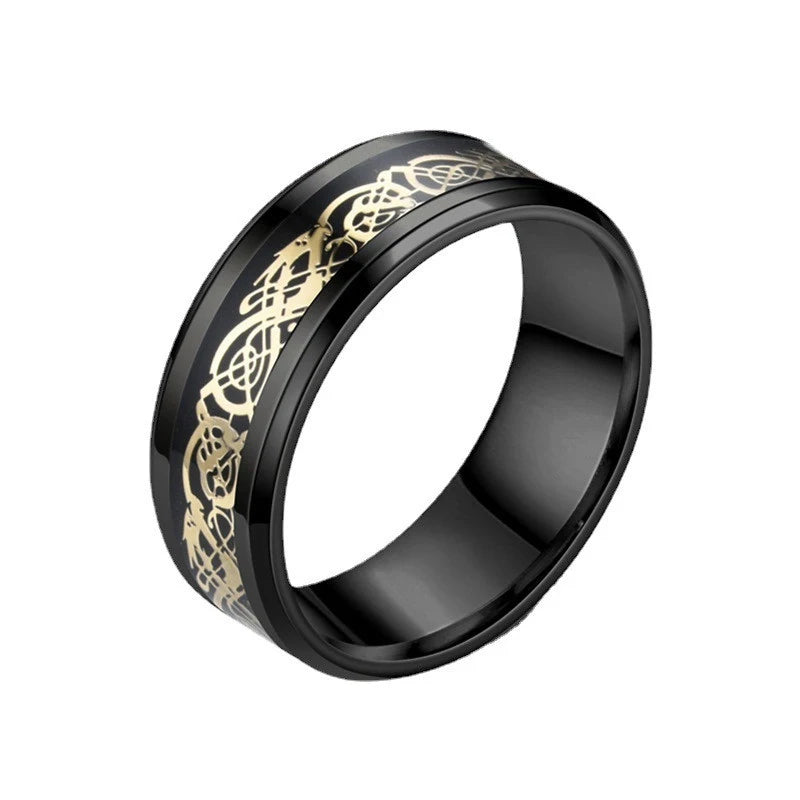 8mm Stainless Steel Domineering Dragon Pattern Rings for Men Women Punk Inlaid Blue Carbon Fibre Ring bagues pour femme