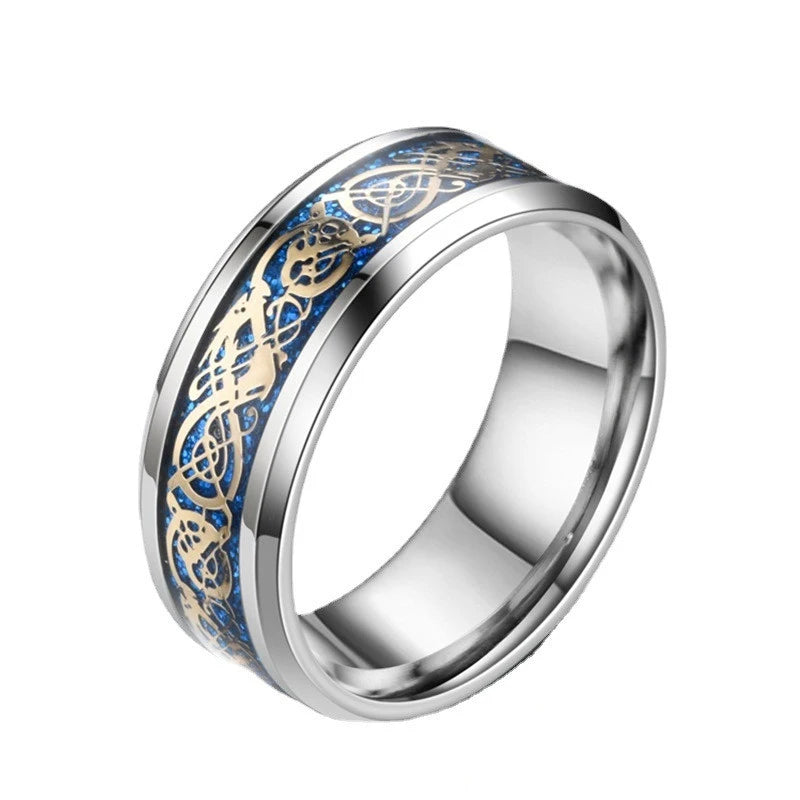 8mm Stainless Steel Domineering Dragon Pattern Rings for Men Women Punk Inlaid Blue Carbon Fibre Ring bagues pour femme