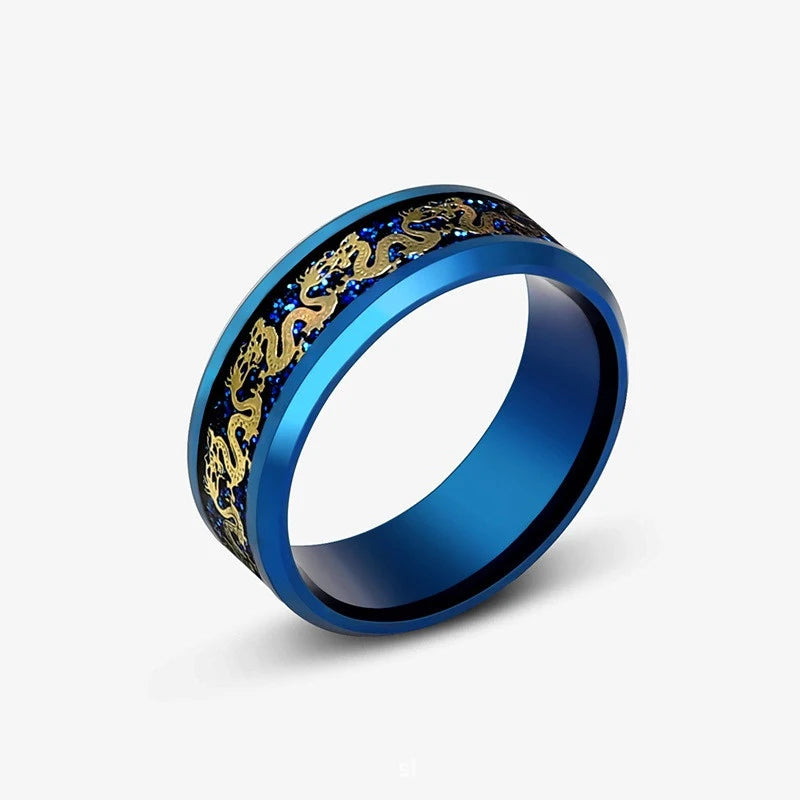 8mm Stainless Steel Domineering Dragon Pattern Rings for Men Women Punk Inlaid Blue Carbon Fibre Ring bagues pour femme