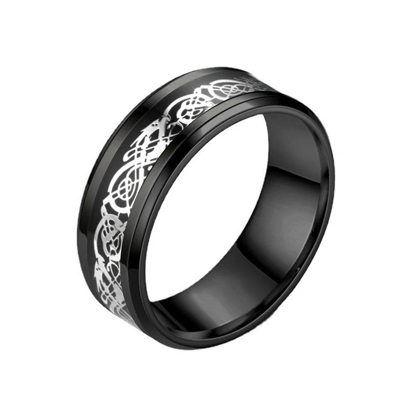 8mm Stainless Steel Domineering Dragon Pattern Rings for Men Women Punk Inlaid Blue Carbon Fibre Ring bagues pour femme