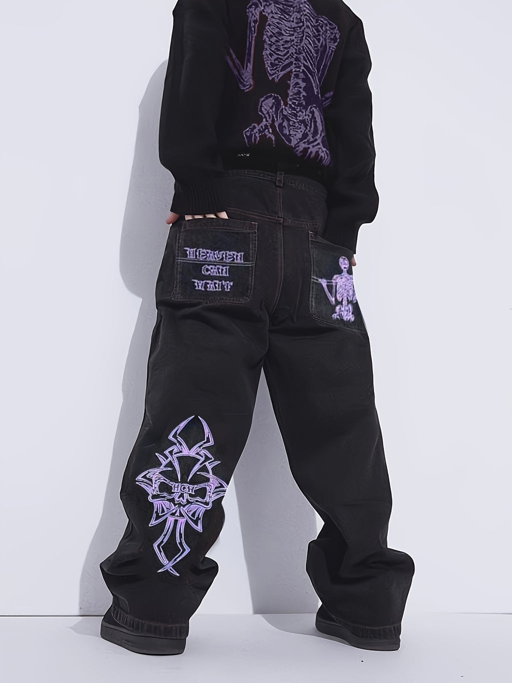 Vaqueros Urbanos Negros – Estampado Esqueleto, Corte Recto